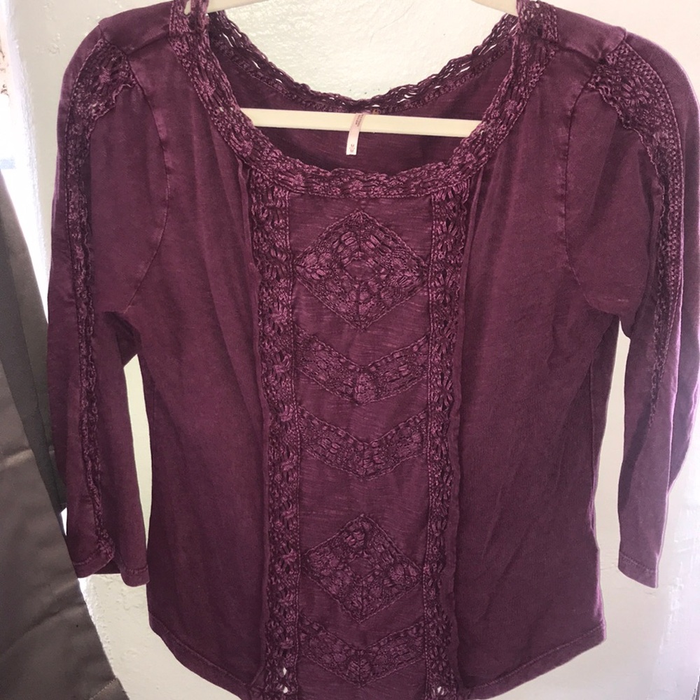 Free People 3/4 Sleeve Purple Crochet Top